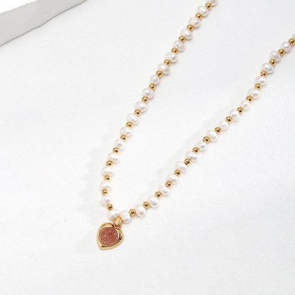 Strawberry Crystal Natural Pearl Necklace Jewelry